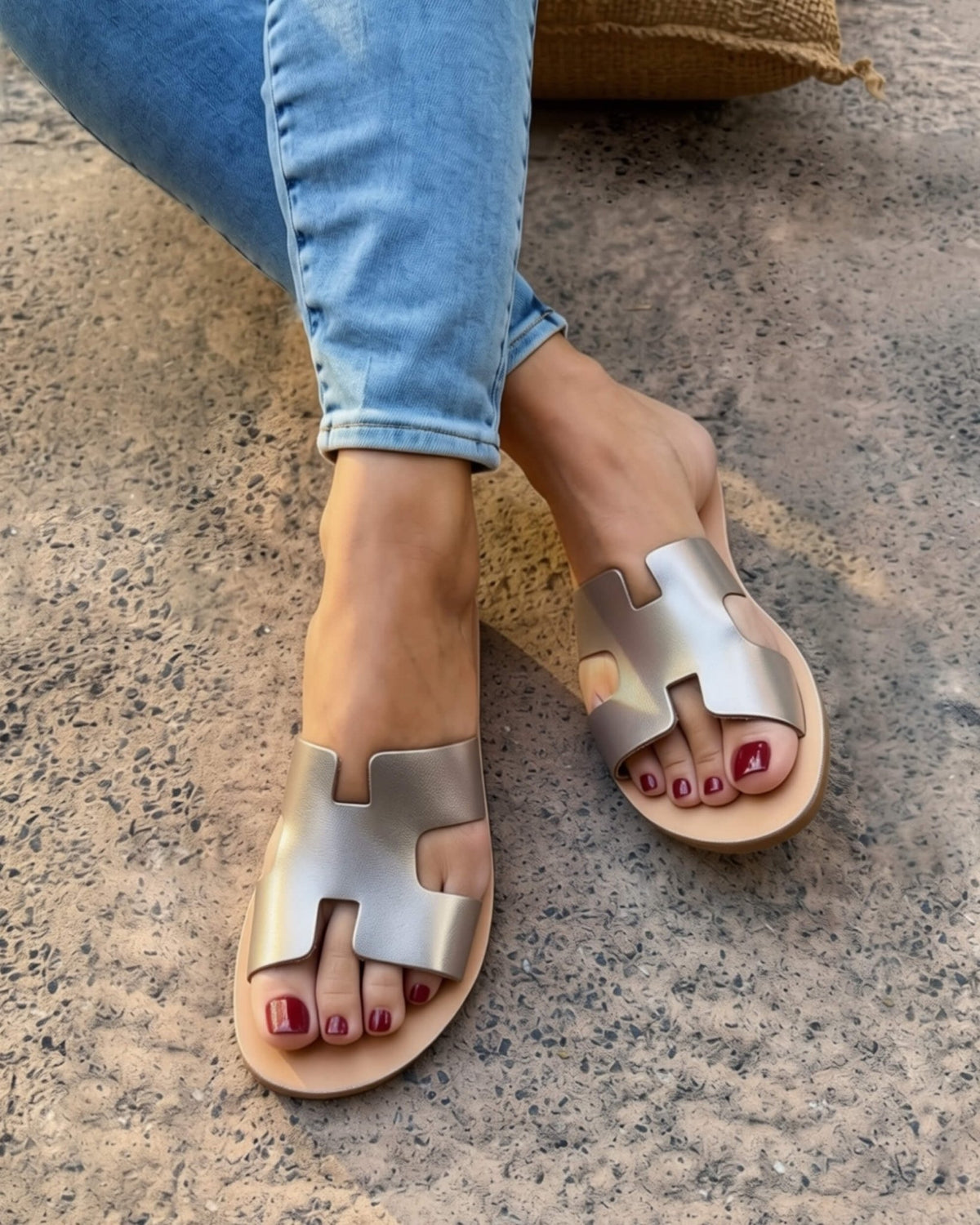 Bronze flat sandals with a soft leather insole, handmade in Chania, Crete | Hania Slide by Shoeq