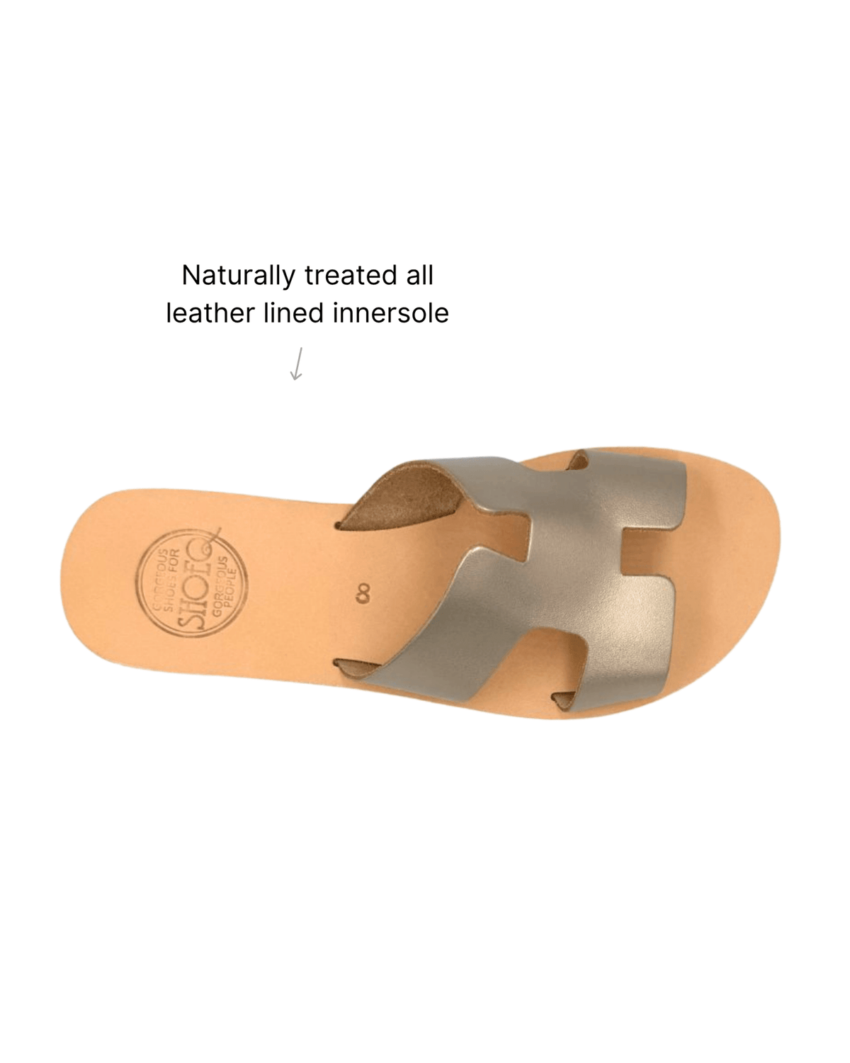 Bronze Hania Slide shown in detail, highlighting the leather and stitching | Hania Slide by Shoeq