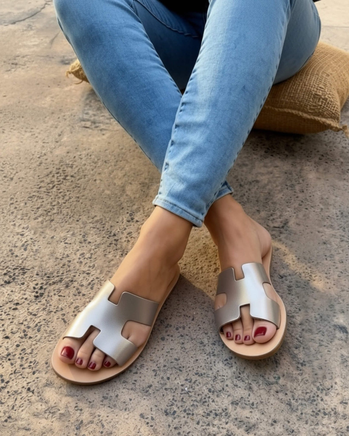 Bronze flat sandals shown from the side, with a soft leather insole | Hania Slide by Shoeq