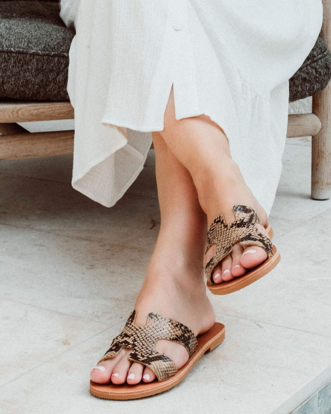 Hania Slide in Bronze Snakeskin Print - Shoeq