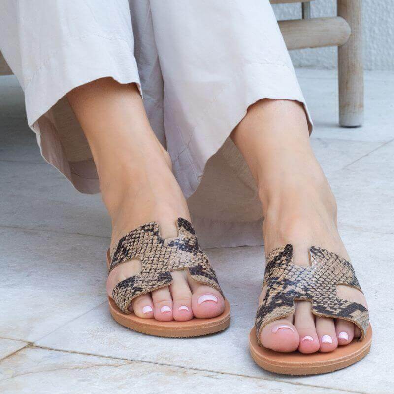 Hania Slide in Bronze Snakeskin Print - Shoeq