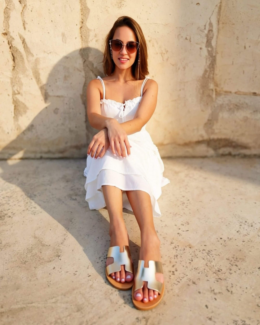 Hania Slide champagne metallic leather women flat slides front view