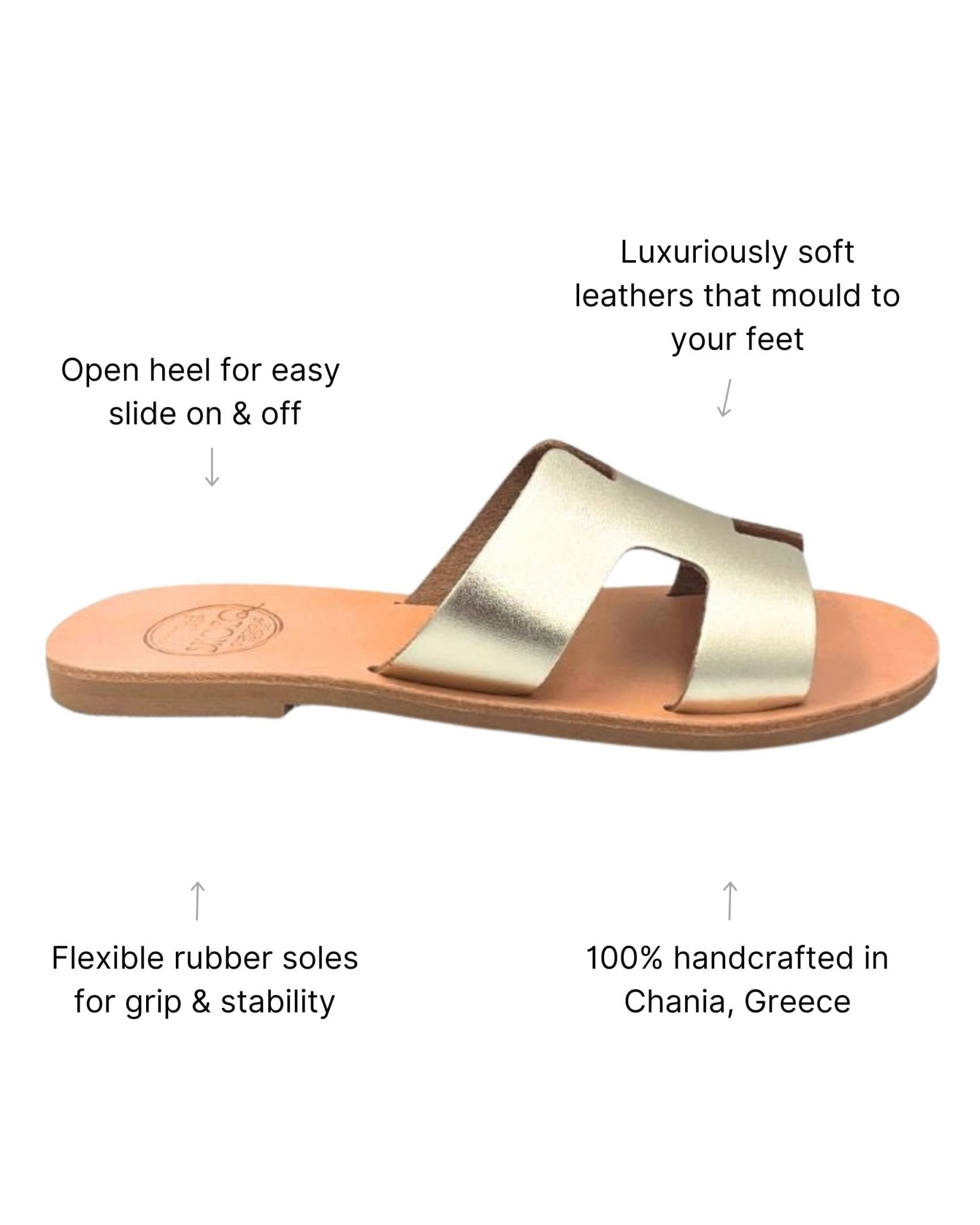 Women flat slides champagne H-strap open heel design
