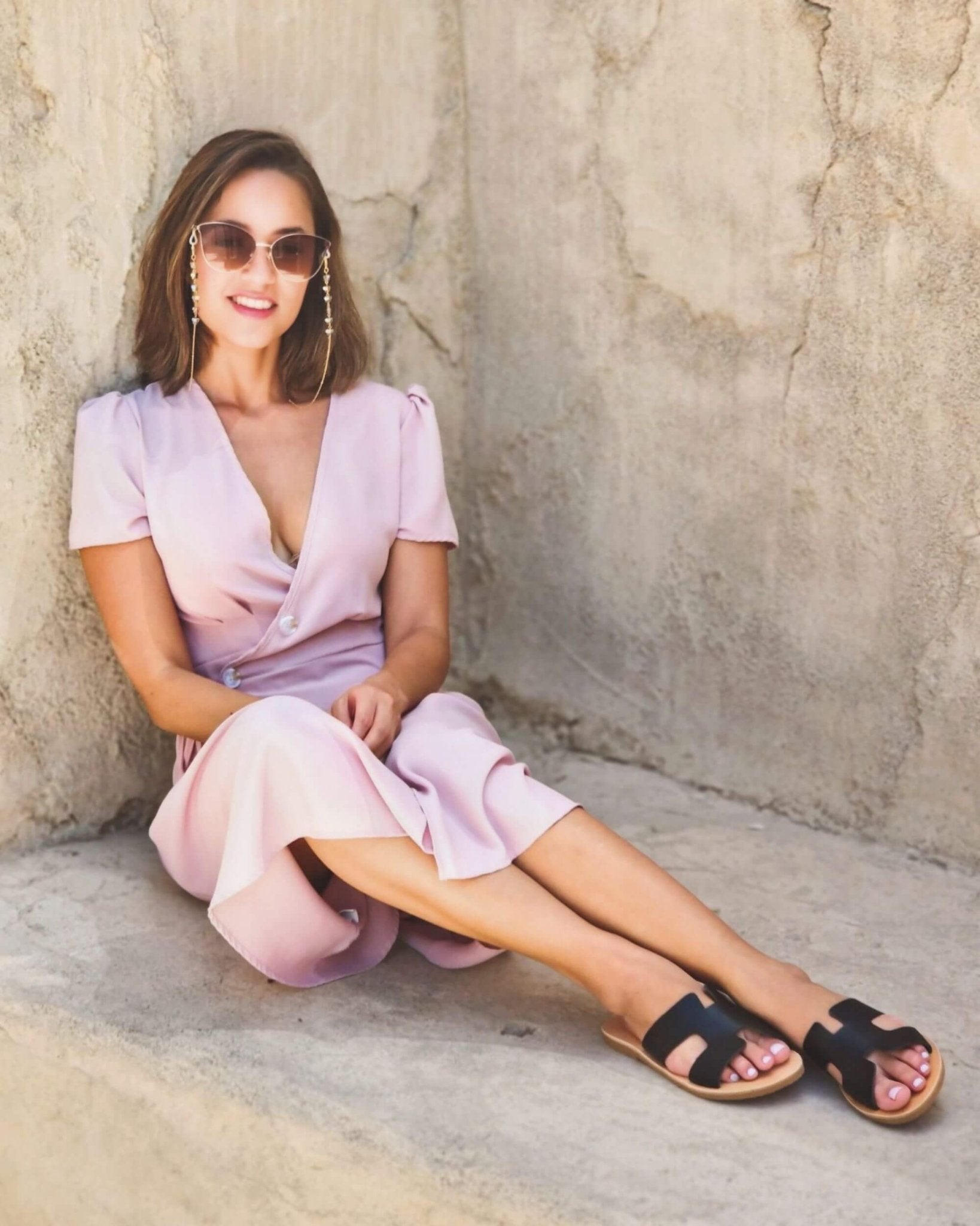 Hania charcoal black slides on model lifestyle Dubai
