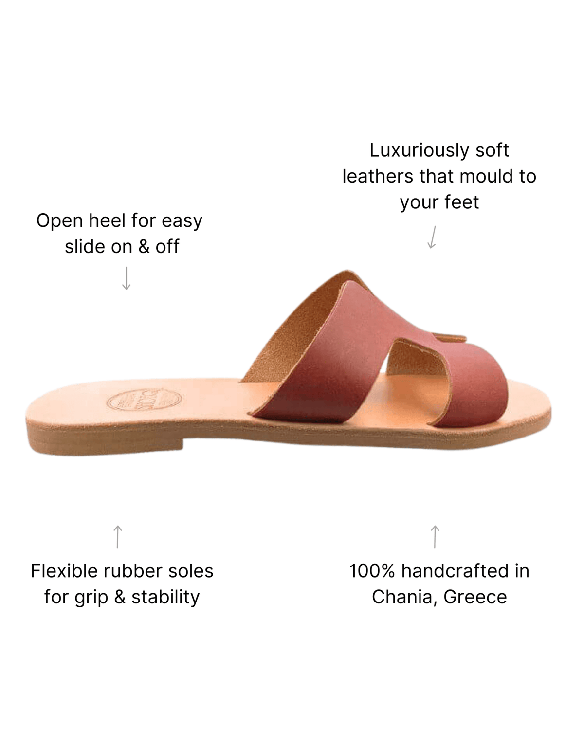 Chocolate brown flat sandals shown from the side, with a soft leather insole | Hania Slide by Shoeq