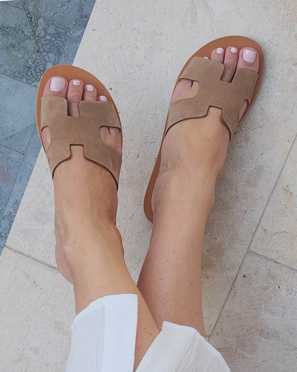 Brown nubuck flat sandals, handmade in Chania, Crete with a soft leather insole | Hania Slide by Shoeq