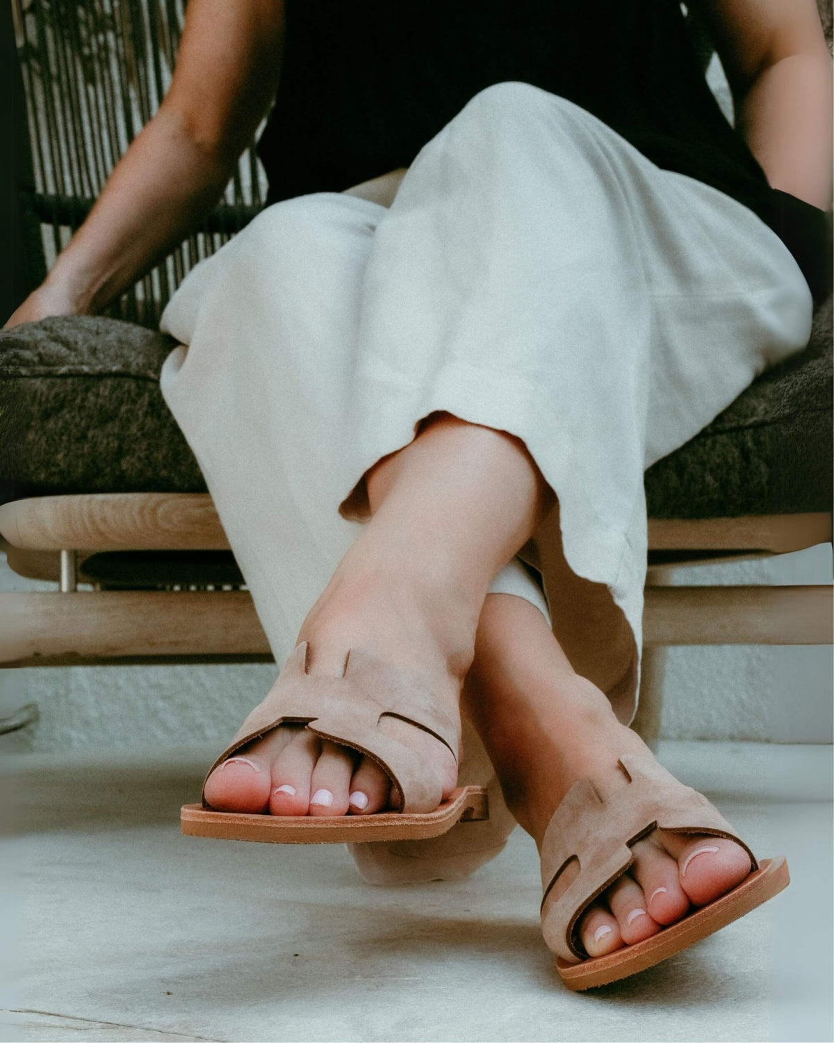 Brown nubuck slide sandals worn, lightweight flat nubuck leather design | Hania Slide by Shoeq