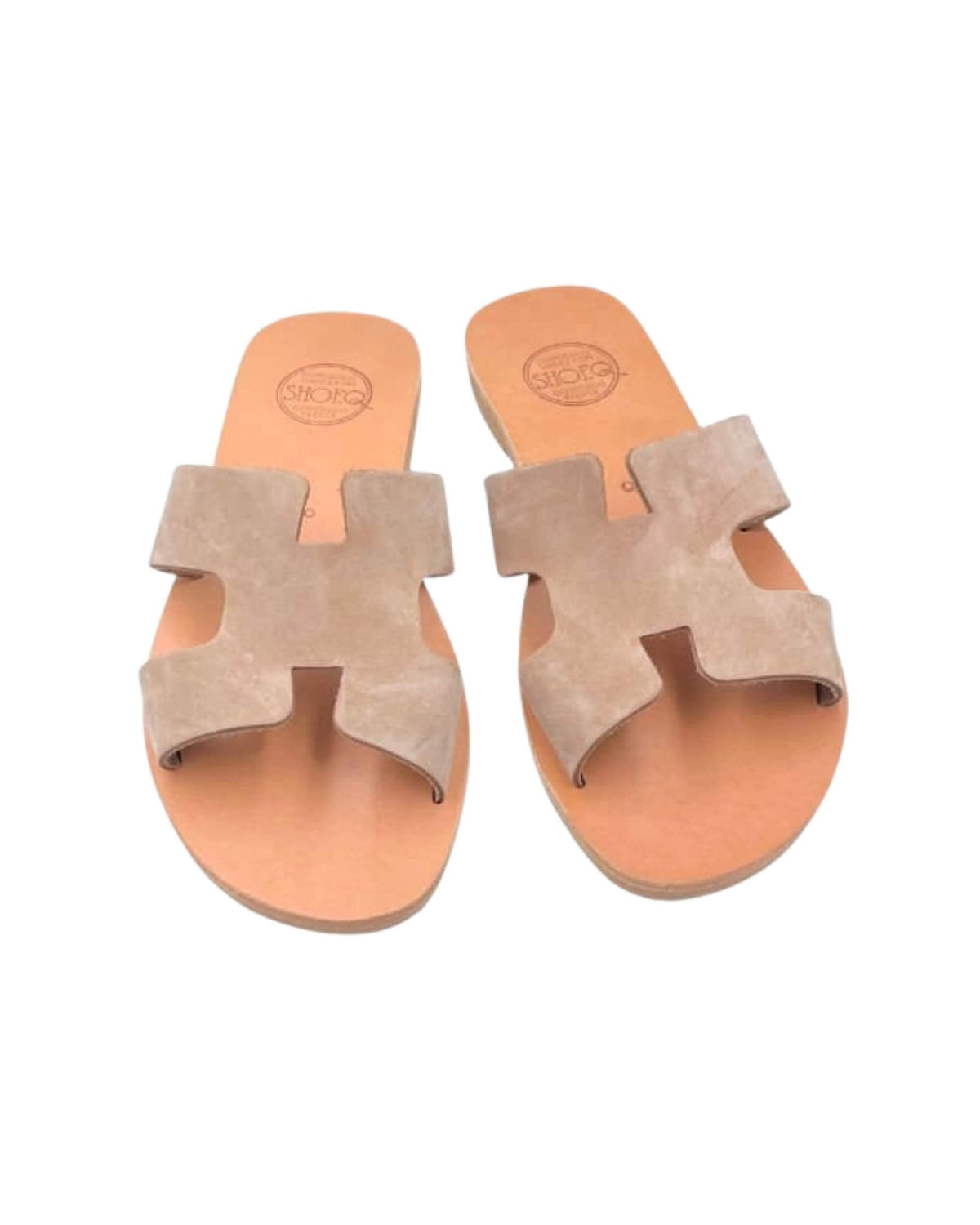 Brown nubuck flat sandals top view, showing the leather footbed | Hania Slide by Shoeq