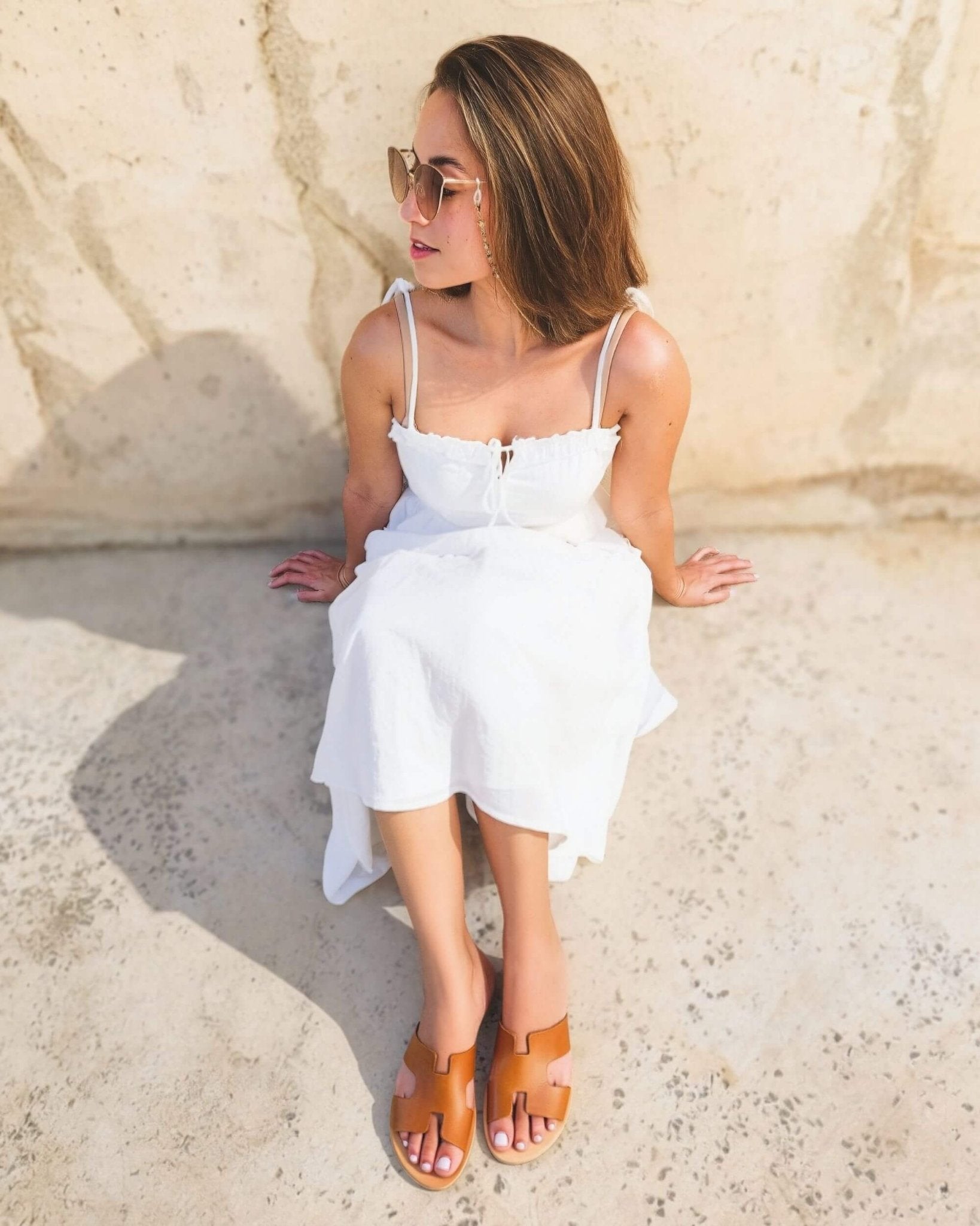 Women flat slides tan H-strap open heel versatile neutral
