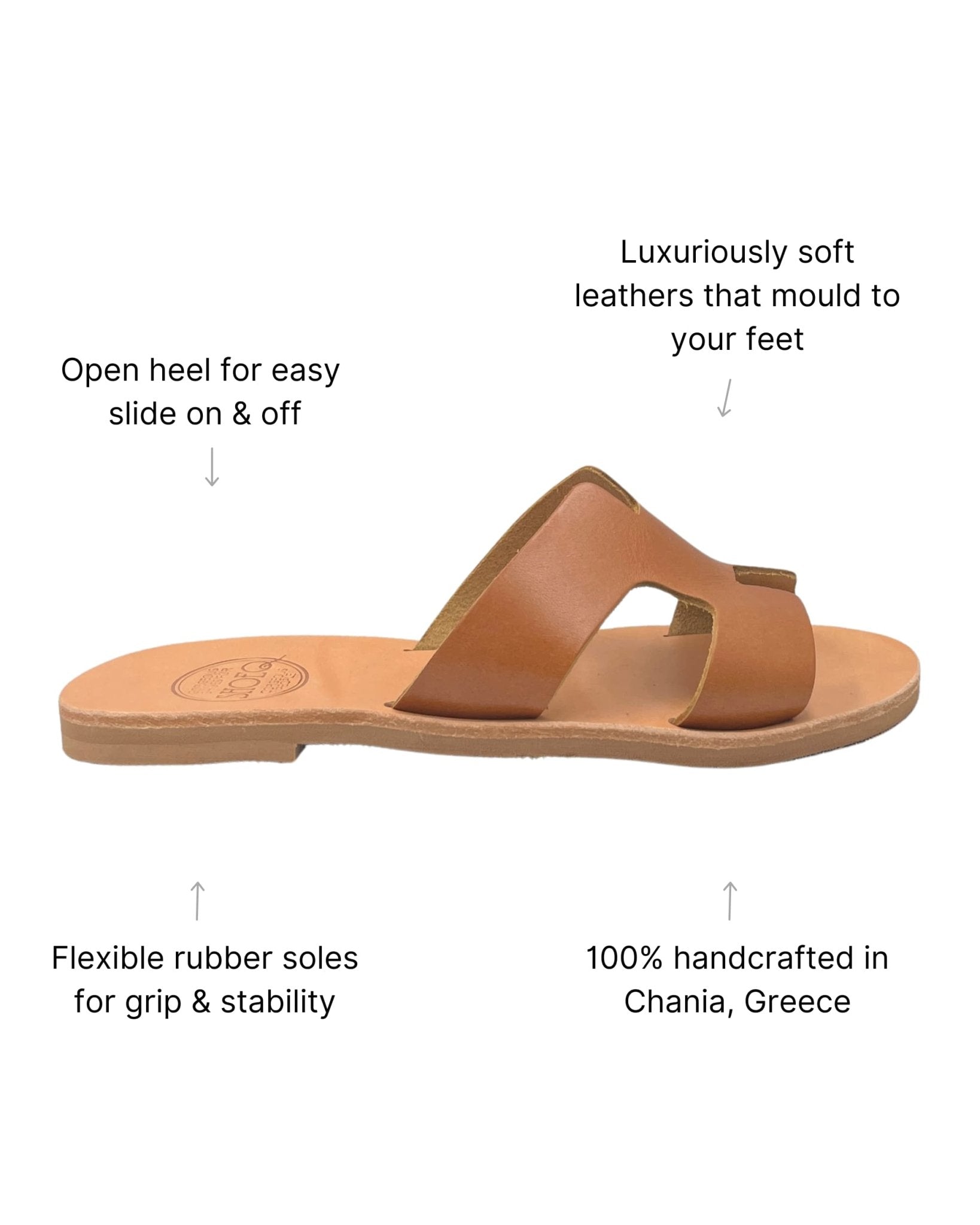 Greek handcrafted tan slides flat leather innersole detail