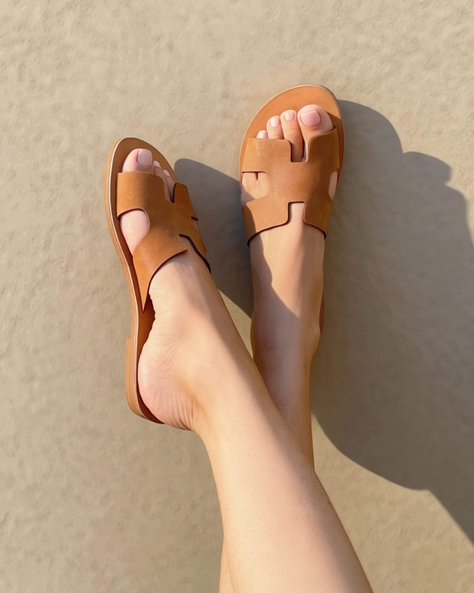Toffee nubuck slides handcrafted Greece Crete H-strap