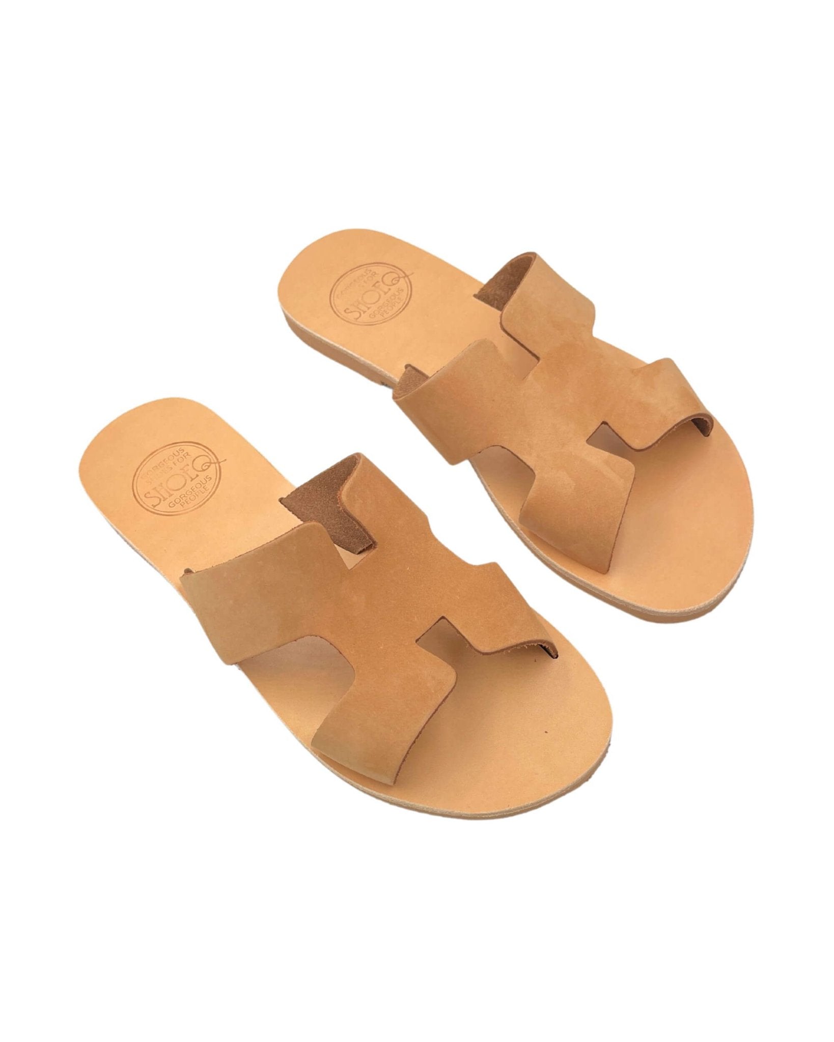 Women flat slides toffee H-strap open heel suede texture
