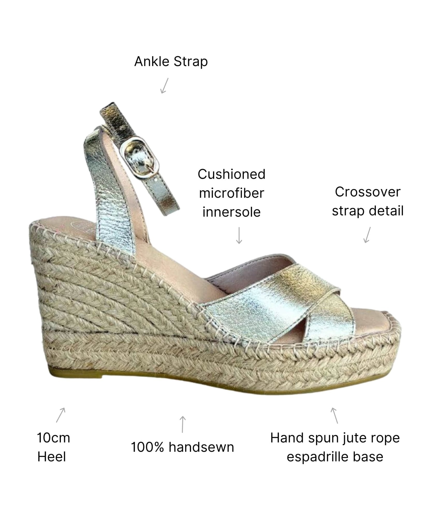 Gold designer espadrille wedge, crossover straps, handmade - Shoeq