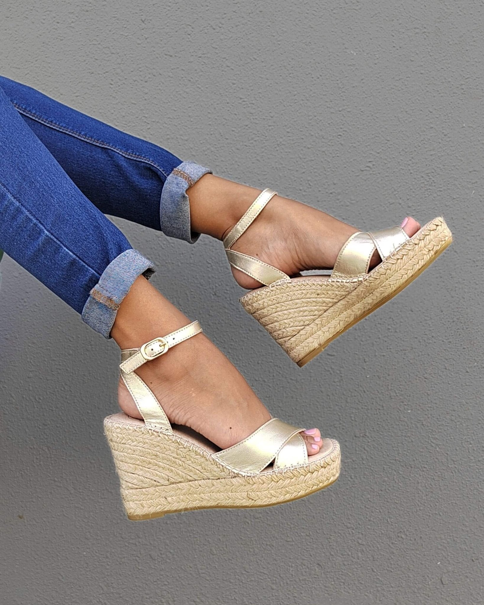 Gold metallic espadrille wedge, squared toe, 10cm heel - Shoeq