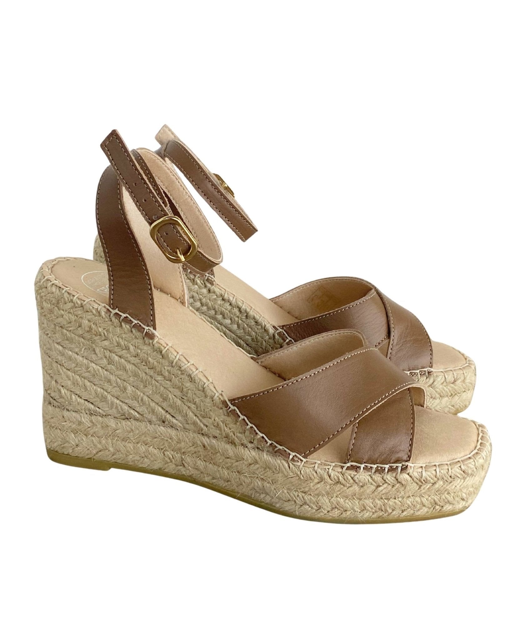 Brown wedge heels with jute platform, designer style - Shoeq