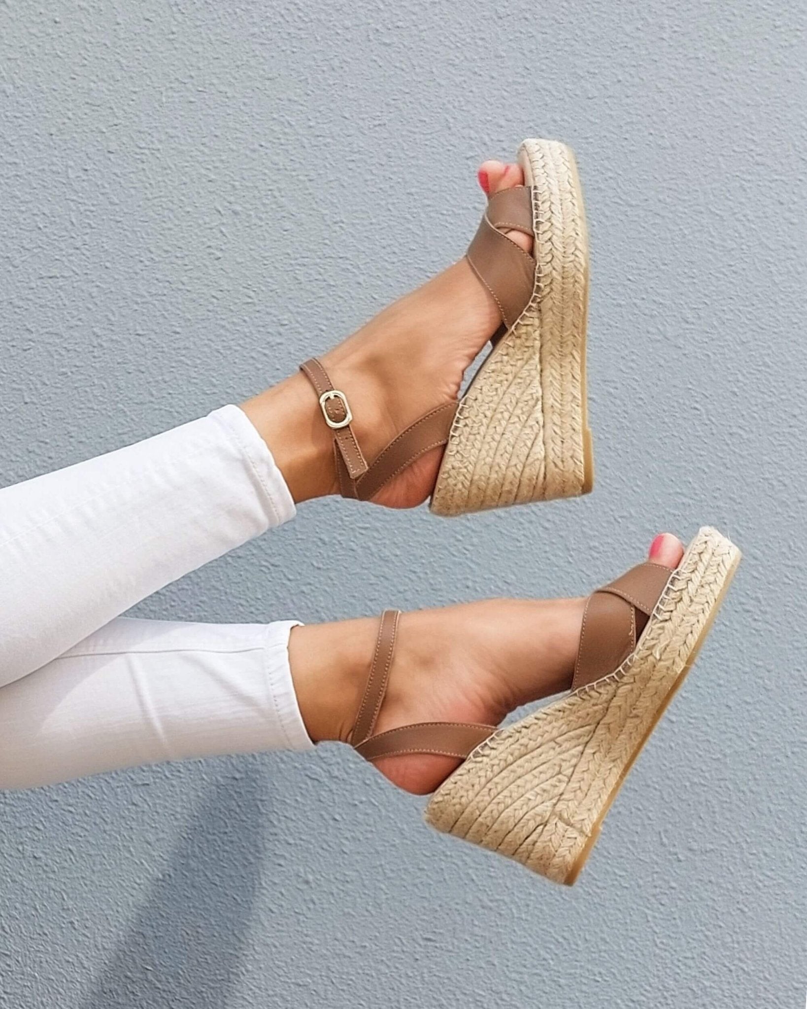Brown espadrille wedge heels, leather, 10cm jute heel - Shoeq