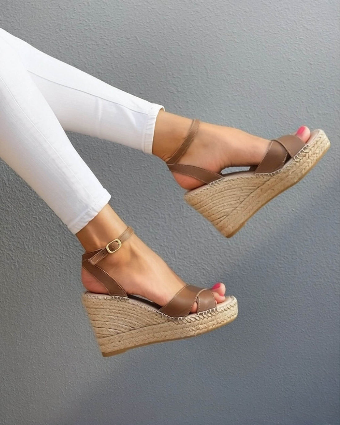 Brown espadrille wedge, handcrafted leather, 10cm jute heel - Shoeq