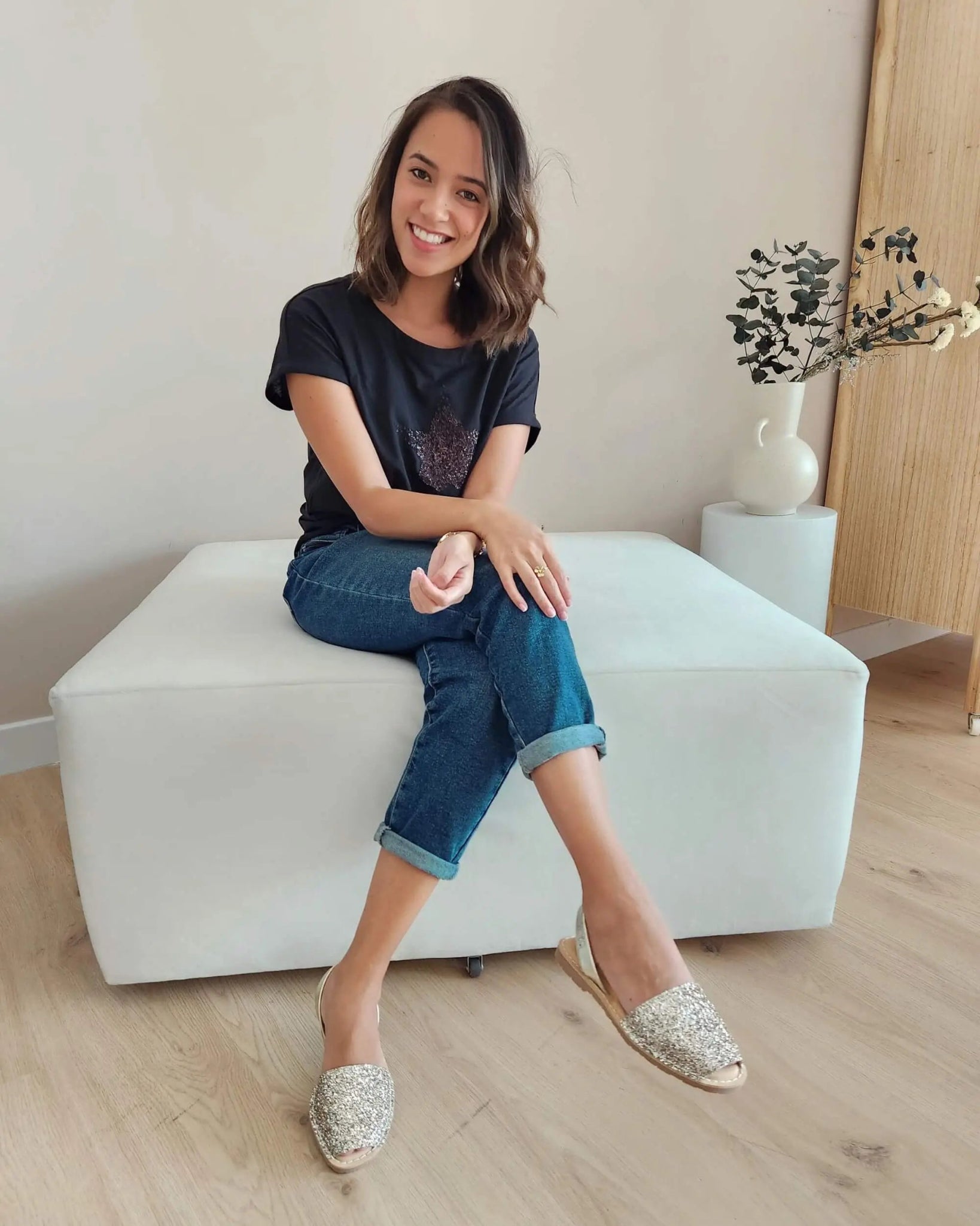 Women's champagne glitter flat shoes memory foam Spain handmade