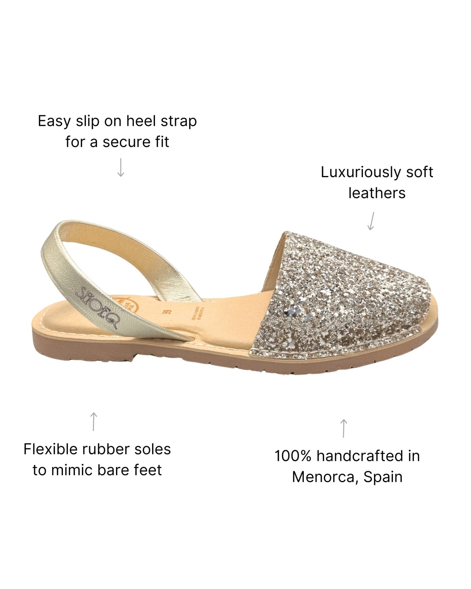 Champagne glitter flat shoes side view memory foam innersole