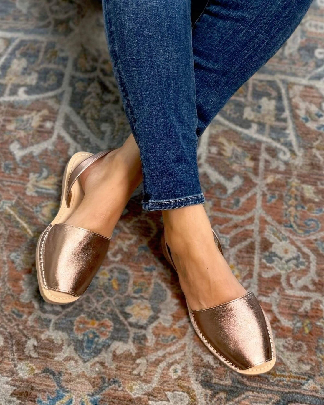 Luxe Avarca in Rose Gold — metallic rose gold leather flat sandal with covered toe and elasticated heel strap, handcrafted in Menorca Spain — Shoeq