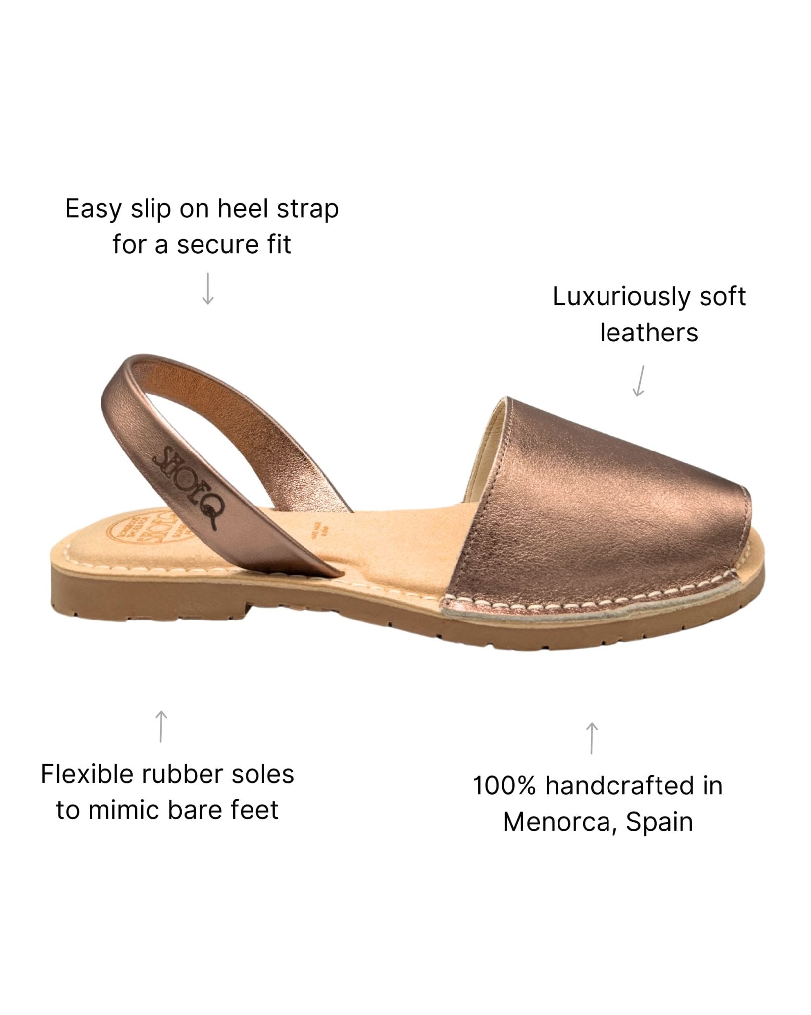 Luxe Avarca Rose Gold leather flat sandal with lightweight rubber sole and memory foam innersole, handcrafted in Menorca Spain — Shoeq