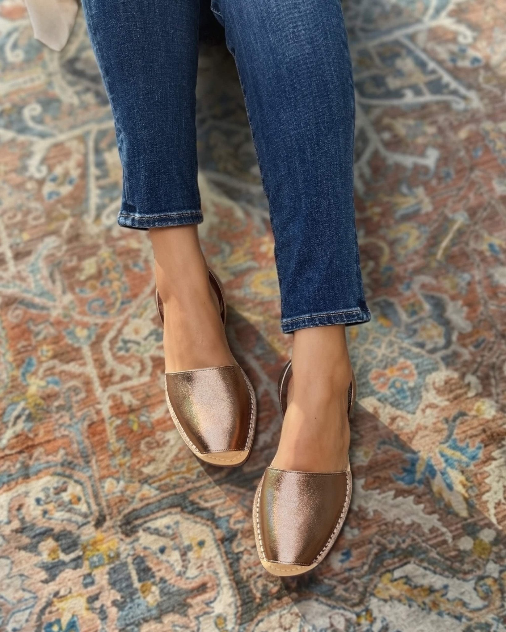 Luxe Avarca rose gold flat sandal elasticated heel strap Menorca — Shoeq