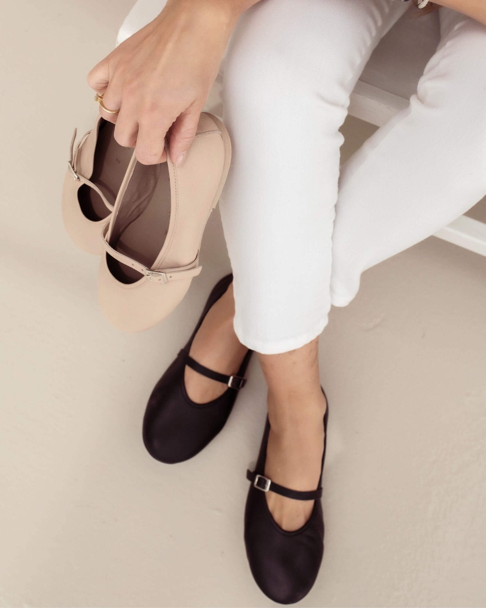 Black nappa leather Mary Jane shoes on foot beside Latte colour, showing memory foam insole and ankle strap detail | Mary Jane in Midnight by Shoeq