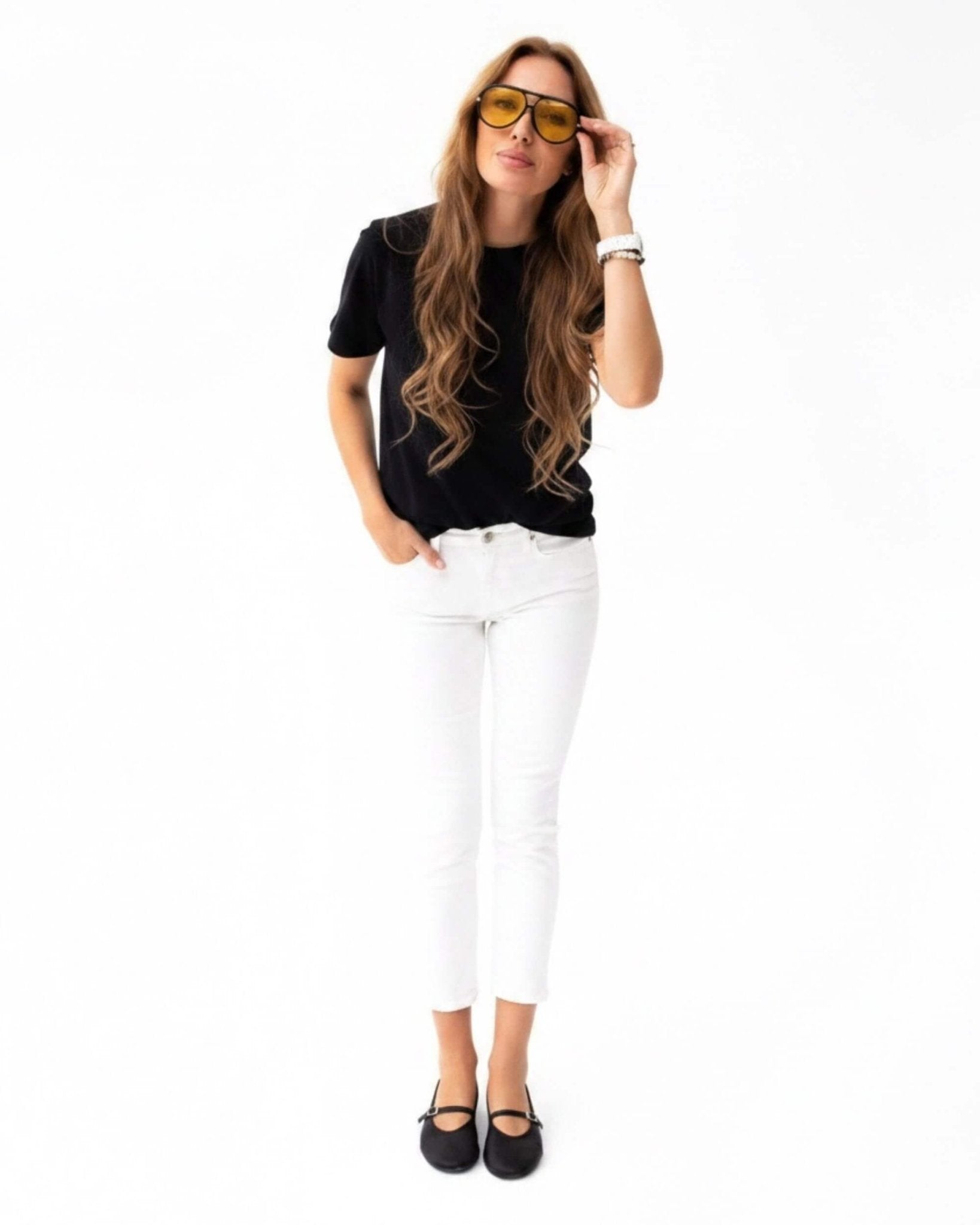 Black nappa leather Mary Jane shoes with ankle strap and silver buckle worn with white jeans and black top — lifestyle | Mary Jane in Midnight by Shoeq