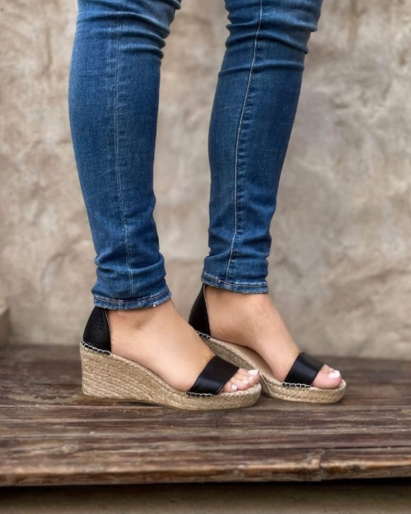 Midnight espadrille wedge statement buckle detail
