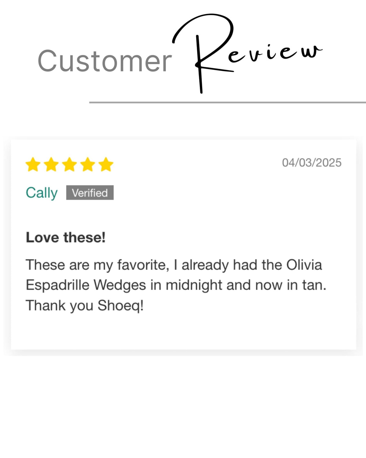 Customer review — Tan Olivia Espadrille Wedge, five stars from a verified Shoeq customer | Olivia Espadrille Wedge by Shoeq