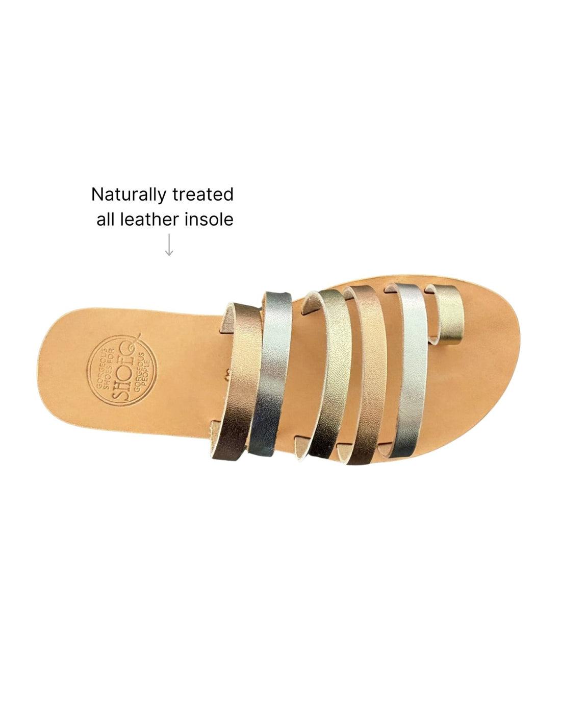 Ophelia Slide — five metallic leather straps in champagne, rose gold and platinum with toe loop, handcrafted in Crete Greece — Shoeq