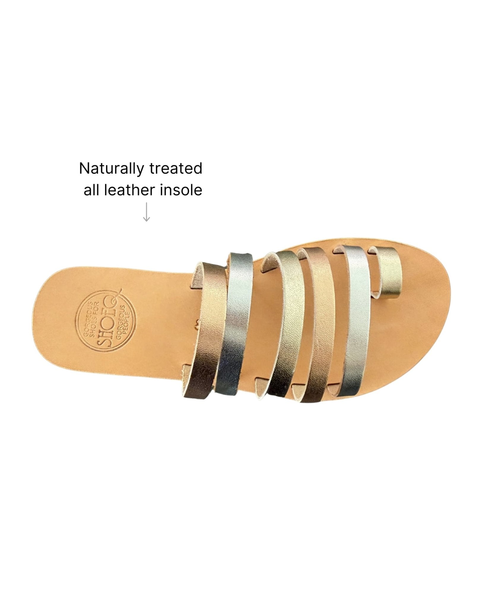 Ophelia Slide champagne rose gold platinum metallic leather straps flat sandal with toe loop, made in Crete Greece — Shoeq