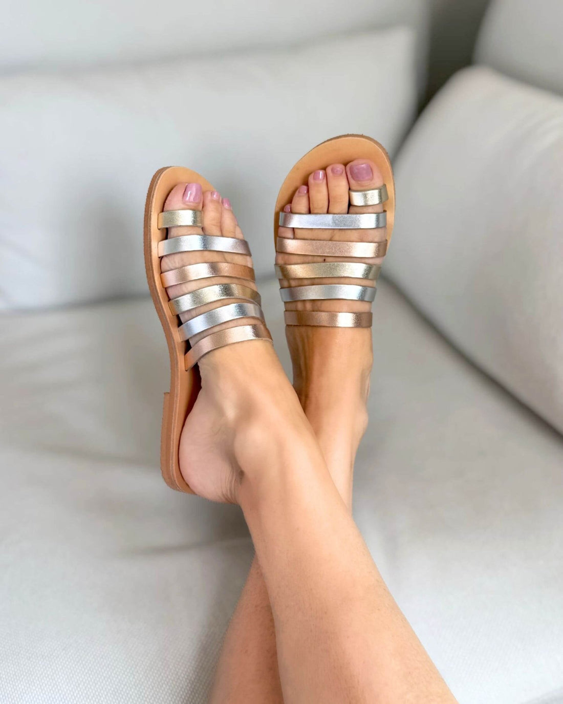 Ophelia Slide — five metallic leather straps in champagne, rose gold and platinum with toe loop, handcrafted in Crete Greece — Shoeq