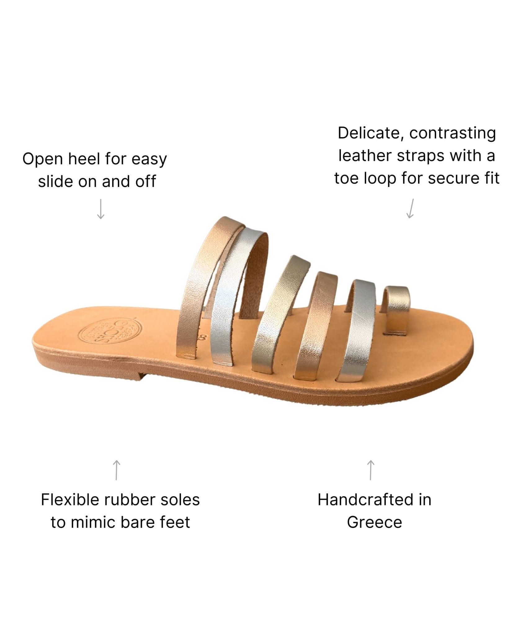 Ophelia Slide — strappy metallic leather sandal in champagne rose gold and platinum with toe loop, handcrafted in Greece — Shoeq