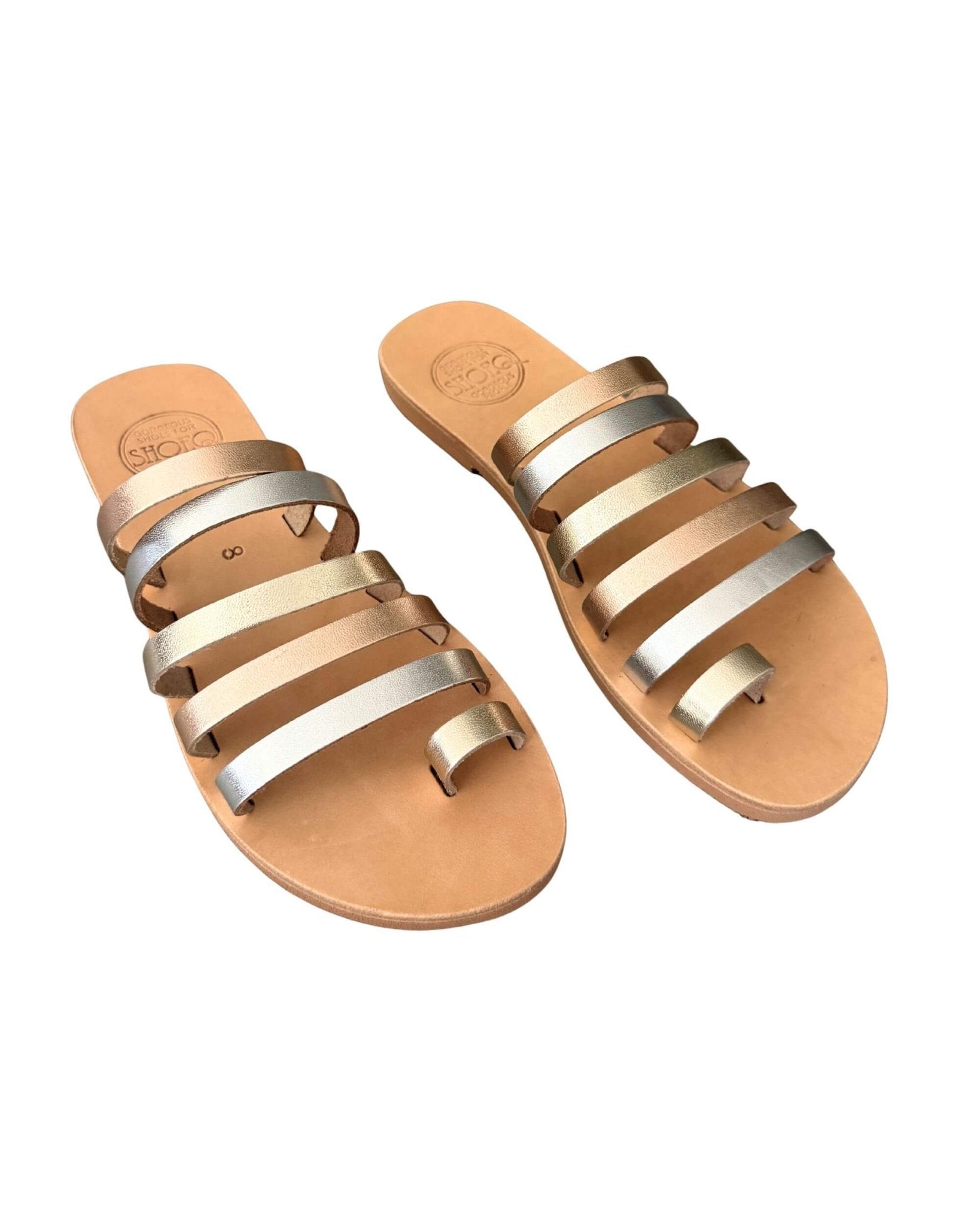 Ophelia Slide five slim metallic leather straps champagne rose gold platinum toe loop handcrafted Greece - Shoeq