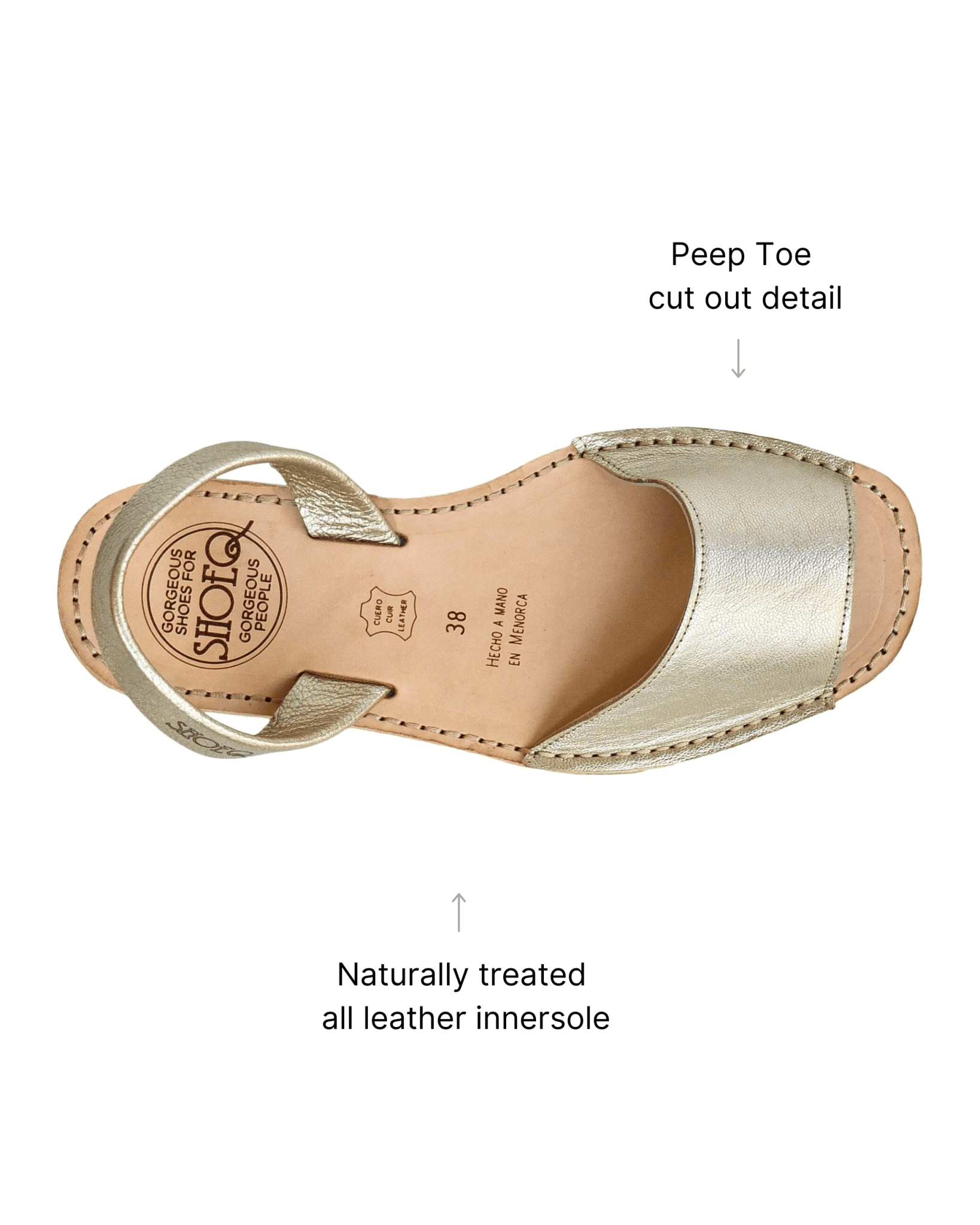 Peekaboo Avarca champagne metallic front view strap detail soft leather - Shoeq