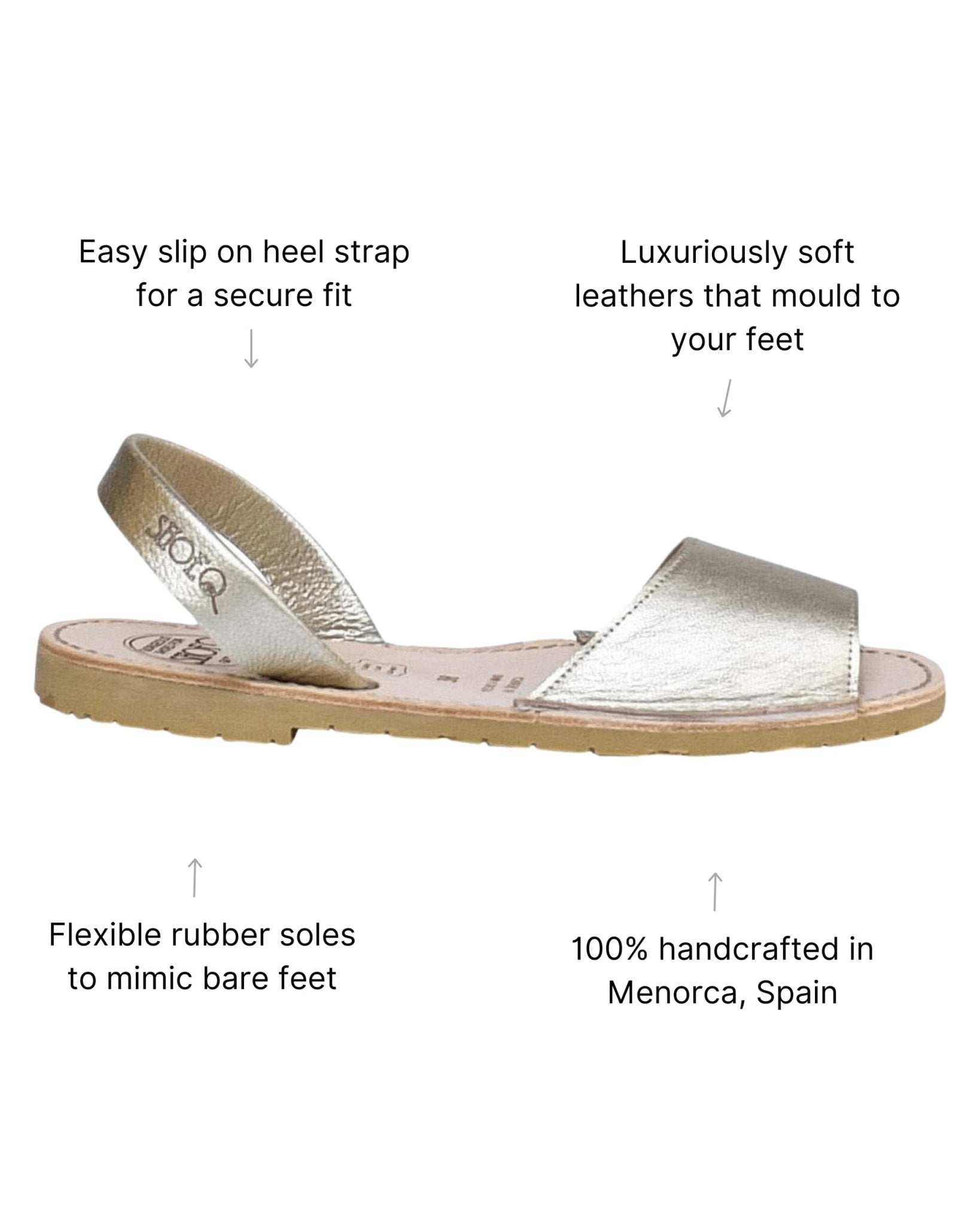 Peekaboo Avarca champagne metallic side profile handcrafted Spanish leather - Shoeq