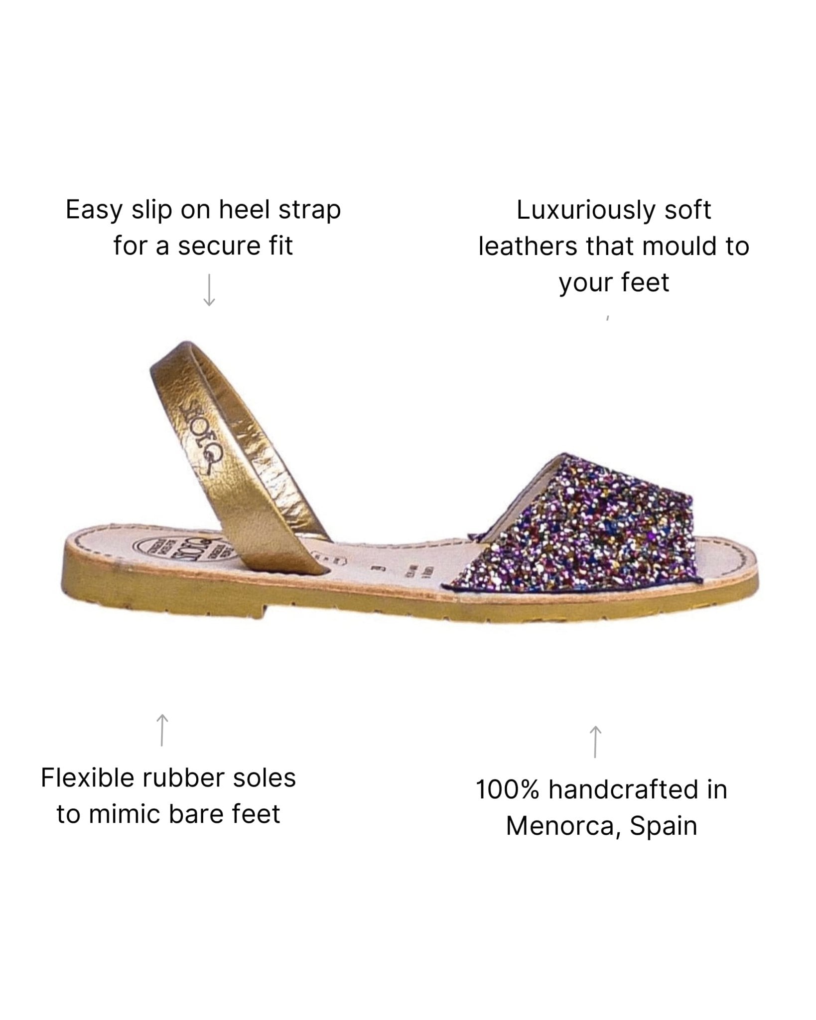 Peekaboo Avarca in Rainbow Gold Glitter - Shoeq