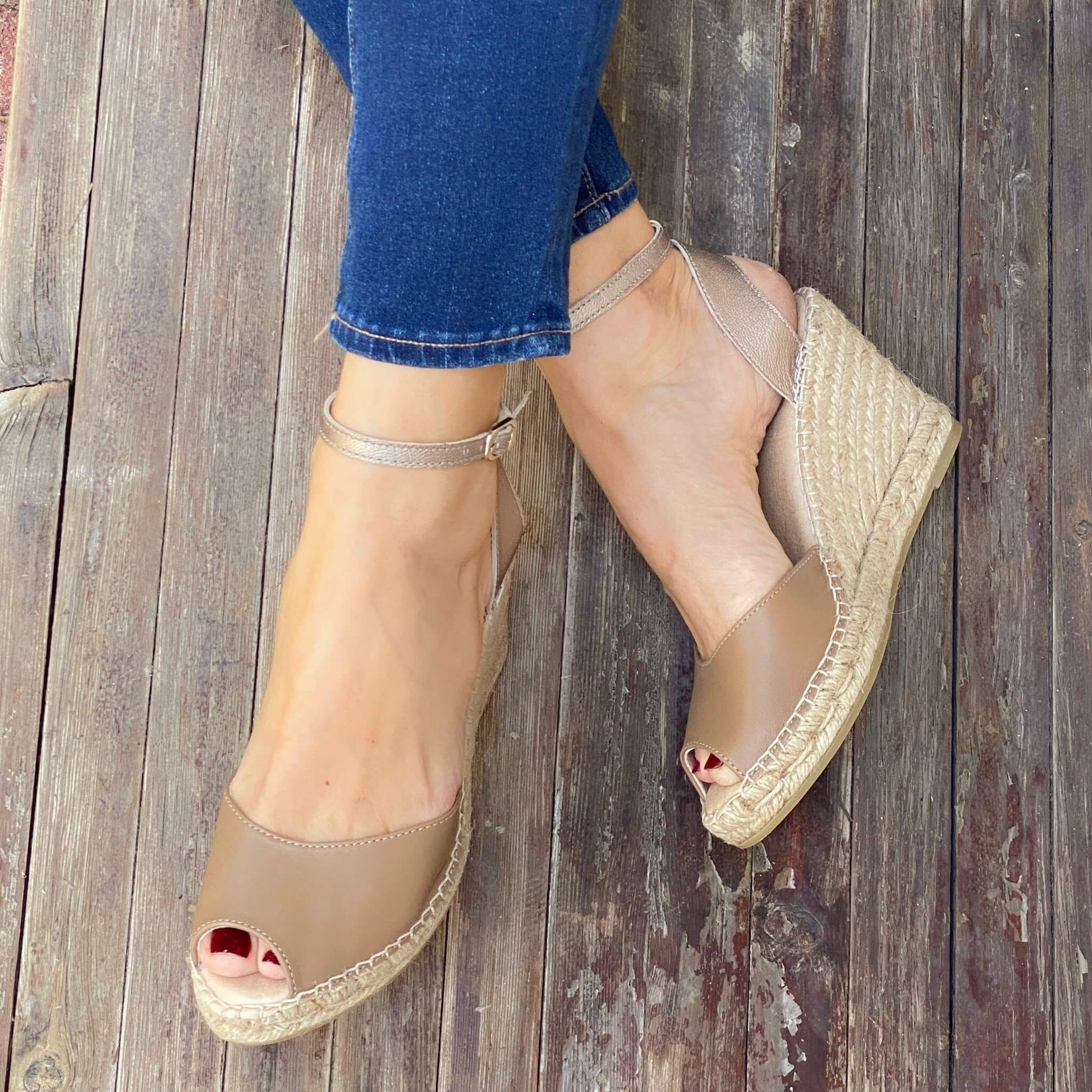 Peep Toe Espadrille Wedge in Bronzed Mocha - Shoeq