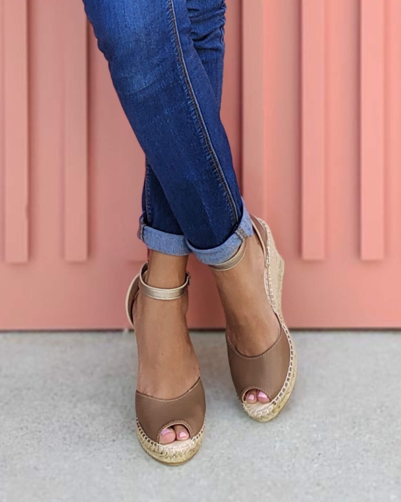 Peep Toe Espadrille Wedge in Bronzed Mocha - Shoeq