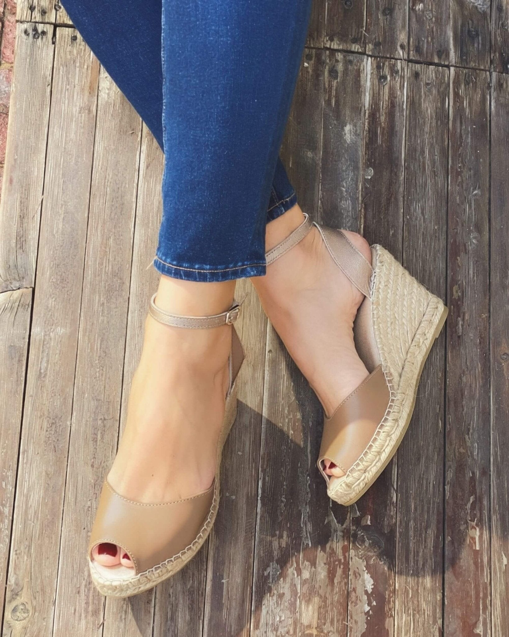 Peep Toe Espadrille Wedge in Bronzed Mocha - Shoeq