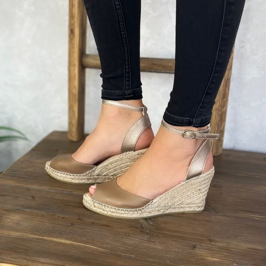 Peep Toe Espadrille Wedge in Bronzed Mocha - Shoeq