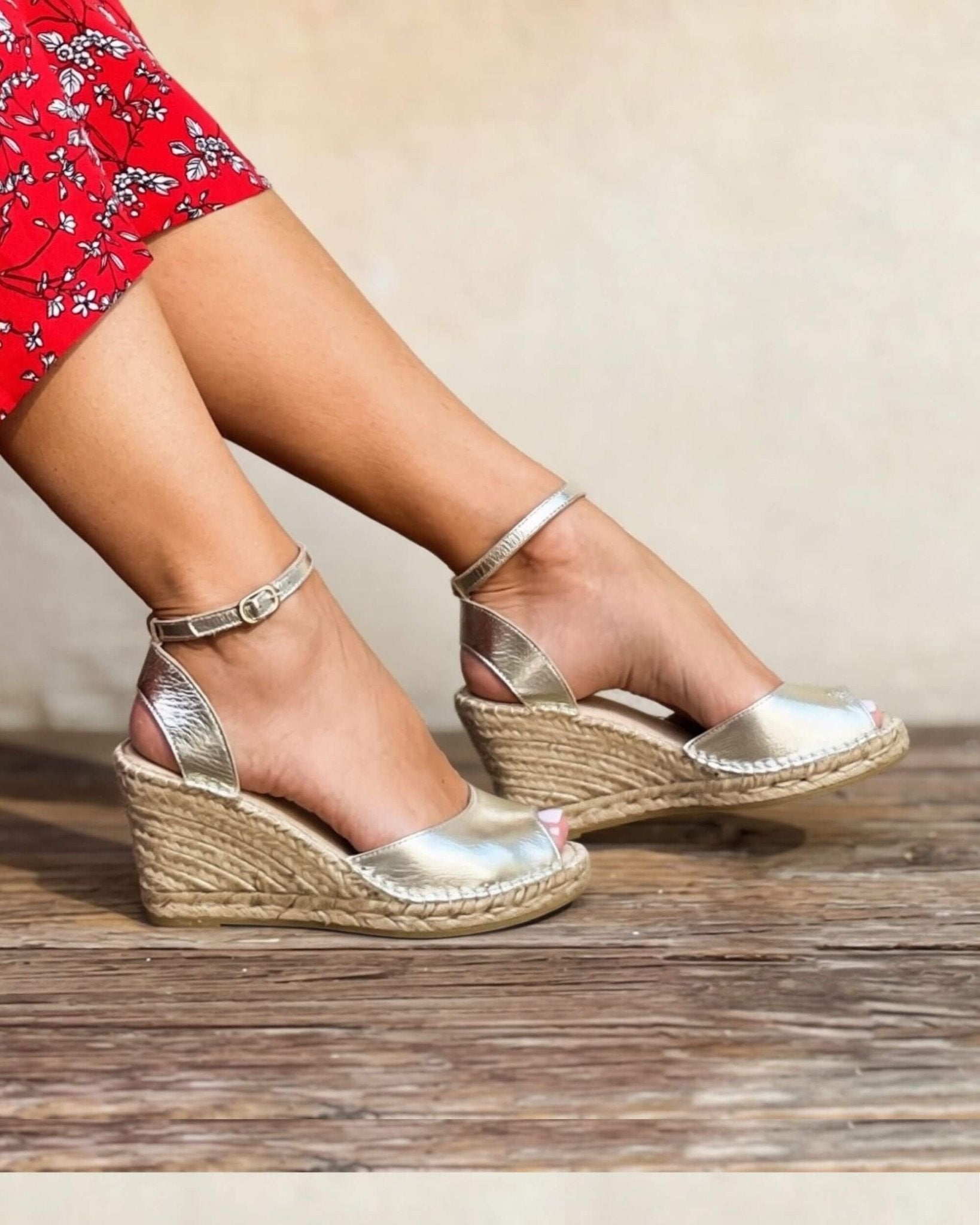 Peep Toe Espadrille Wedge in Champagne - Shoeq