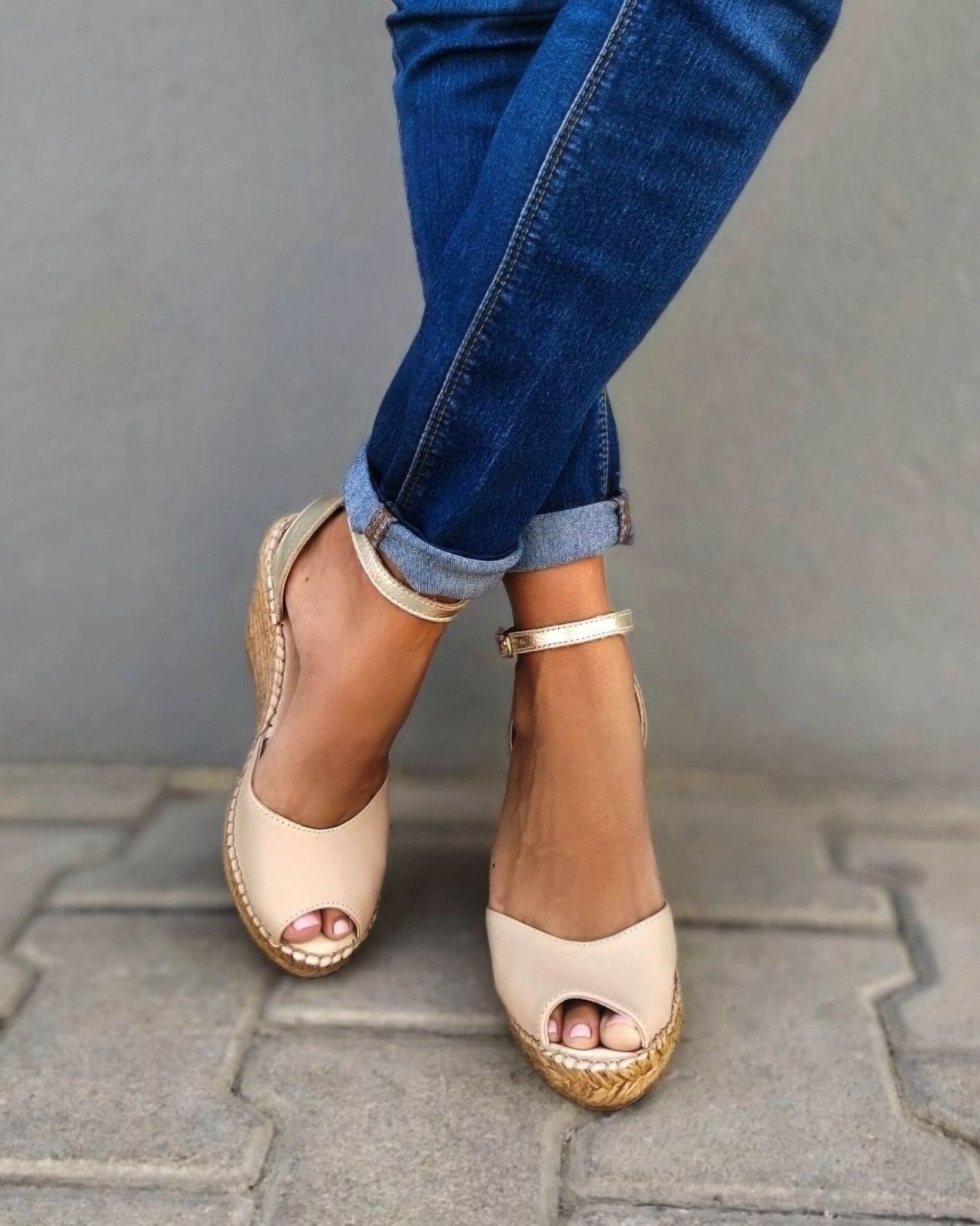 Peep Toe Espadrille Wedge in Sandy Champagne - Shoeq