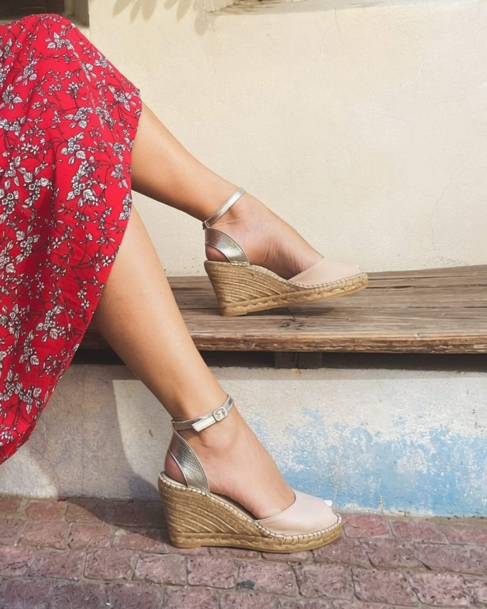 Peep Toe Espadrille Wedge in Sandy Champagne - Shoeq