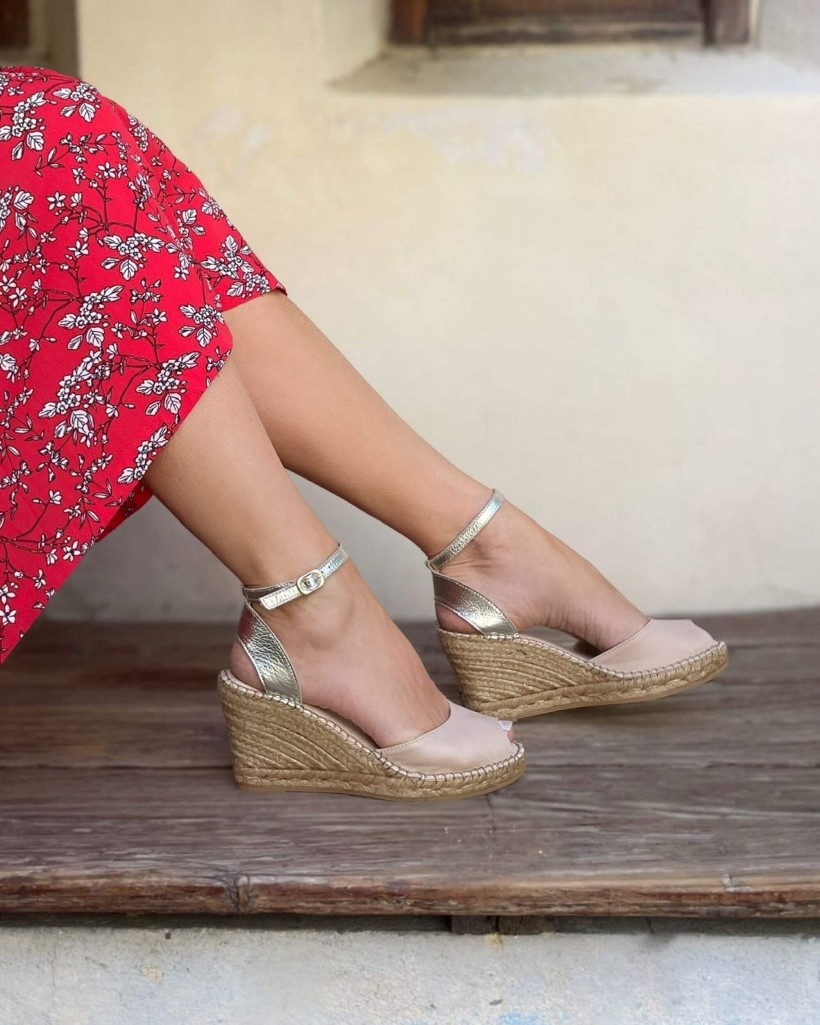 Peep Toe Espadrille Wedge in Sandy Champagne - Shoeq