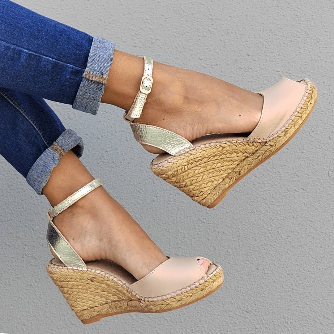 Peep Toe Wedge in Sandy Champagne