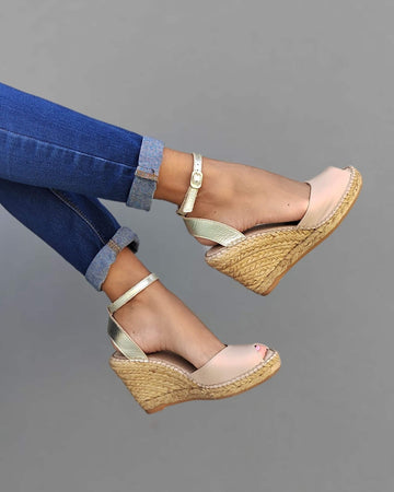 Peep Toe Espadrille Wedge in Sandy Champagne - Shoeq