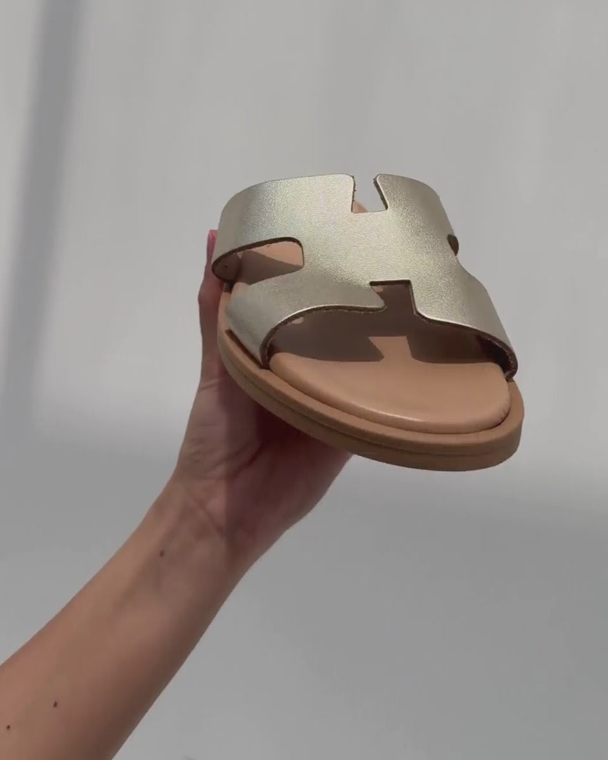 Women's champagne leather slides cushioned innersole handcrafted Greece