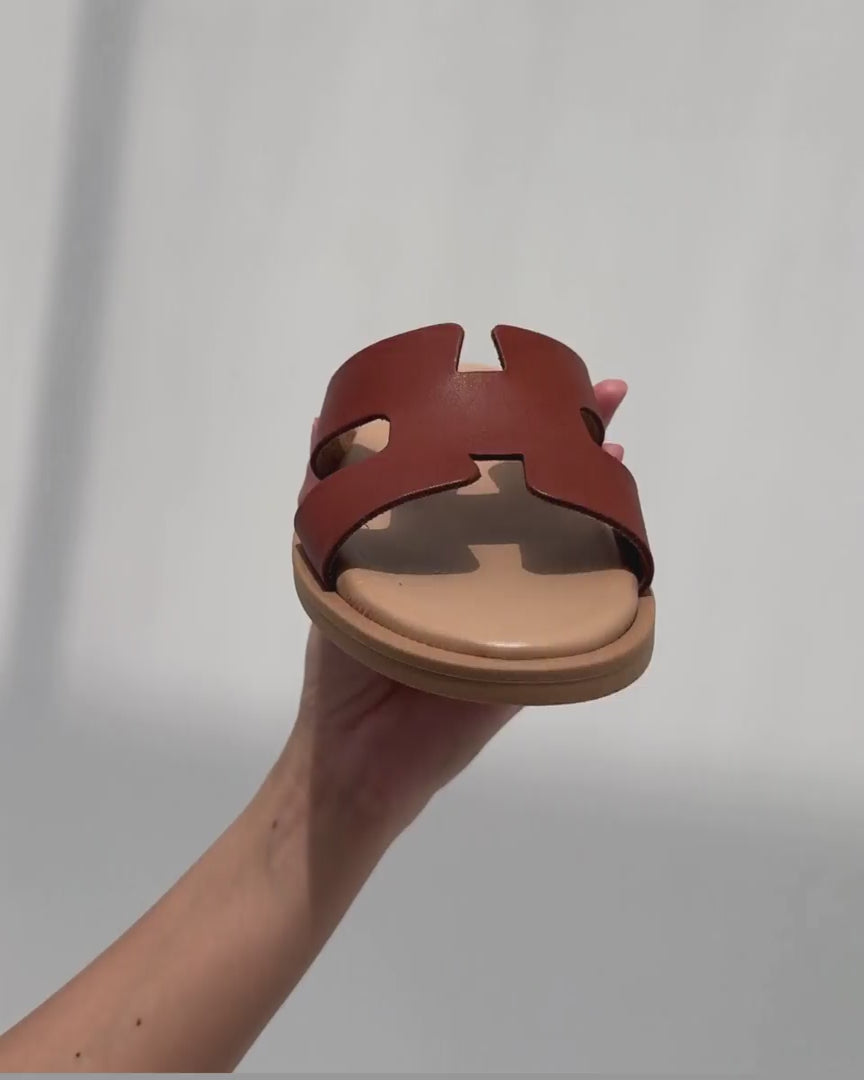 Handcrafted chocolate slides Greece premium leather cushioned innersole